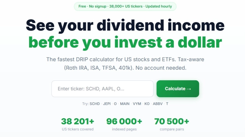 DividendFlow - Free Dividend Calculator & DRIP Returns | 10,000+ US Stocks hero image